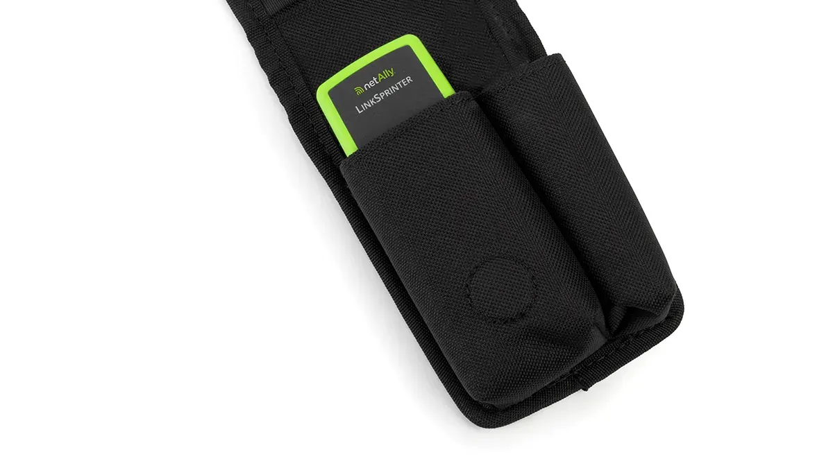 NetAlly LinkSprinter 300 network tester in green, seated in its open black belt holster on a white background